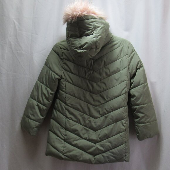 The Children’s Place Girls Long Puffer Jacket w/Pink Fur Hood Olive Size S 5/6 - Picture 2 of 9